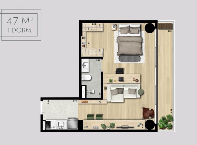 Planta ilustrada do apartamento de 47m²