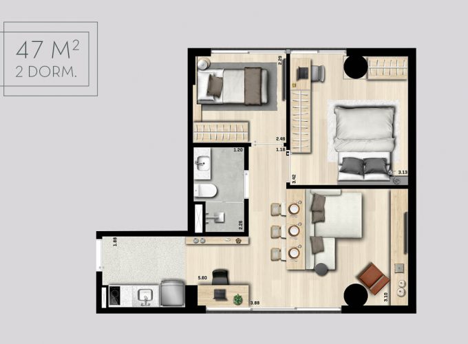 Planta ilustrada do apartamento de 47m²