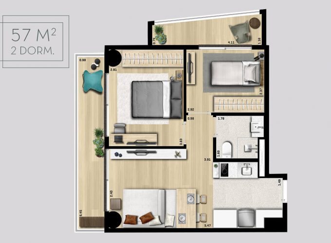 Planta ilustrada do apartamento de 57m²